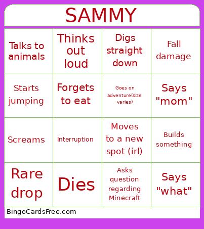 Sammy Minecraft Bingo Card