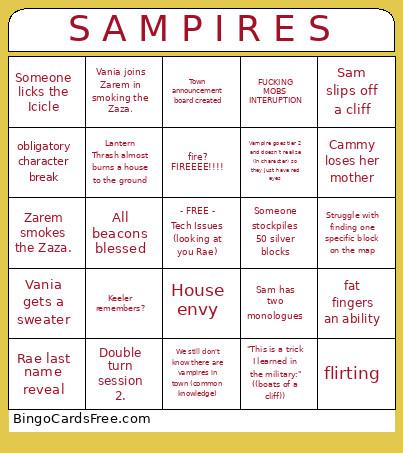 Sampires Session 2 Bingo Card