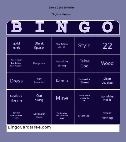 Sam's 22nd Bday Bingo Card
