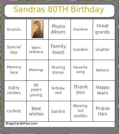 Sandras 80TH Birthday Bingo Card