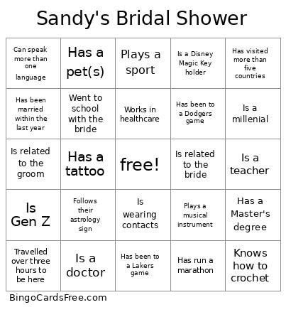 Sandy's Bridal Shower Bingo Card