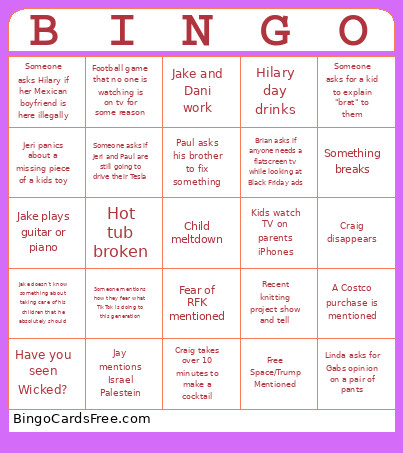 Saper Thanksgiving Bingo Card
