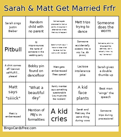 Sarah & Matt Get Married Frfr Bingo Card