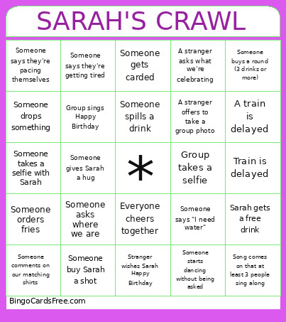 SARAH'S CRAWL Bingo Card