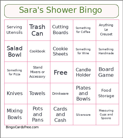 Sara's Shower Bingo Card