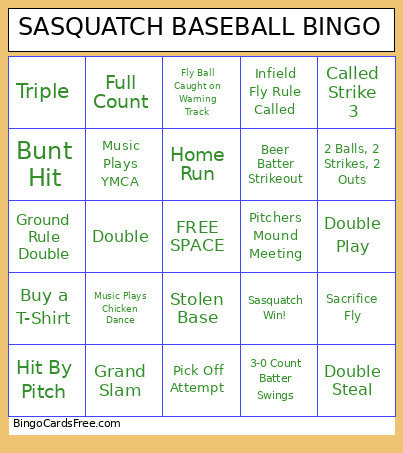 SASQUATCH BASEBALL Bingo Card