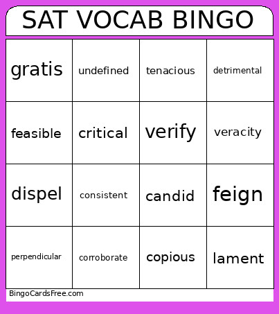 Sat Vocab Bingo Card