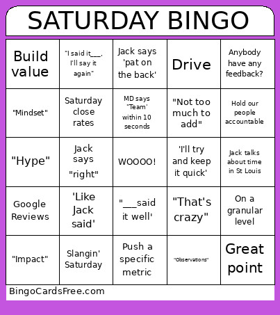SATURDAY Bingo Card
