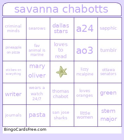 Savanna Chabotts Bingo Card