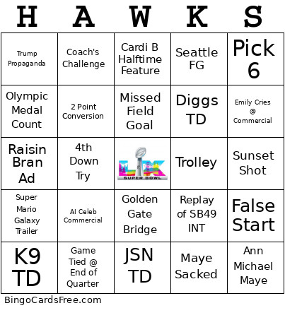 SB LX Bingo Card