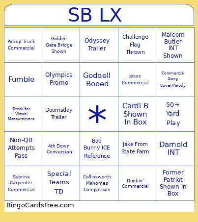 SB LX Bingo Card
