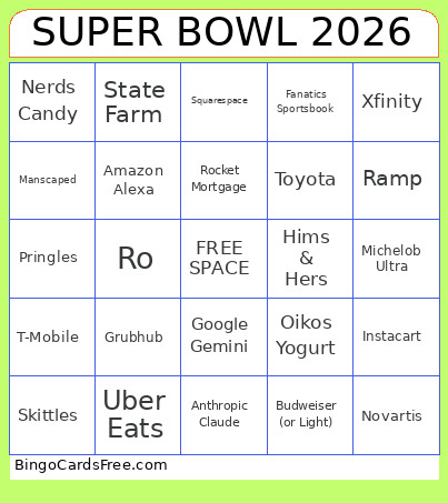 SB2026 Commercials Bingo Card