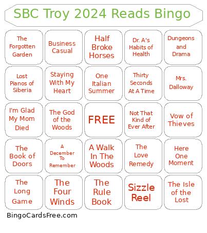 SBC Troy 2024 Reads Bingo Card