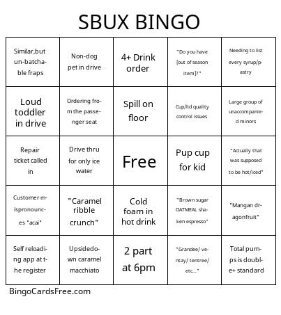 Sbux Bingo Cards Free Pdf Printable Game, Title: SBUX BINGO