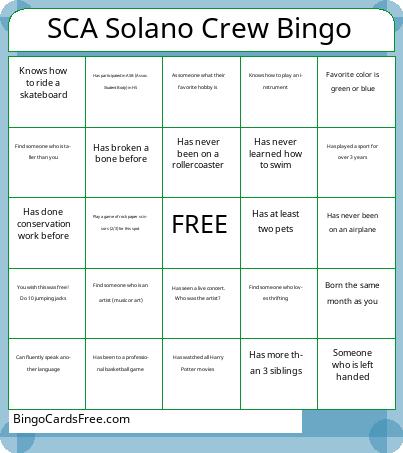 SCA Solano Crew Bingo