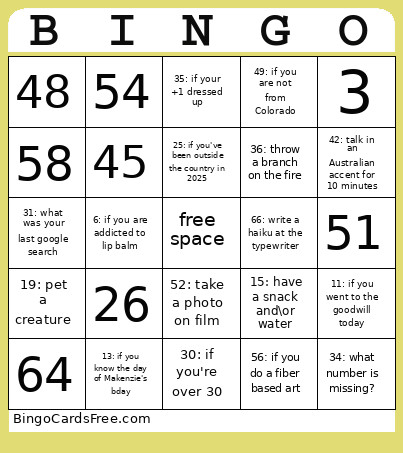 Scavenger Truth Or Dare Bingo Card