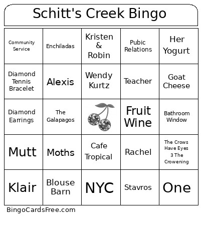Schitt's Creek Bingo Card