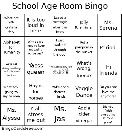 School Age Room Bingo Card
