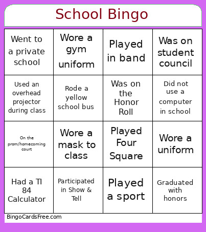School Bingo Card