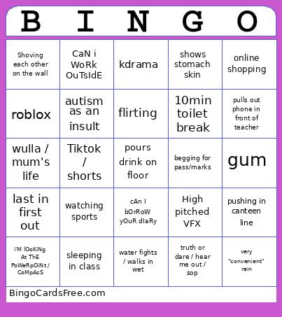 School II Bingo Card