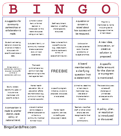 School Board Meeting Bingo Card
