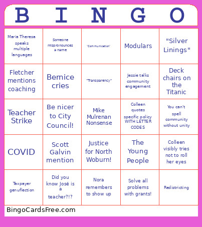 School Committee Forum Bingo Card