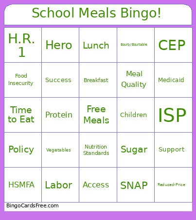 School Meals ! Bingo Card