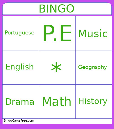 School Subjects Bingo Card