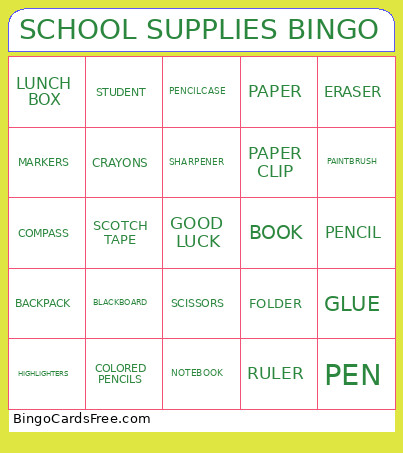 SCHOOL SUPPLIES Bingo Card
