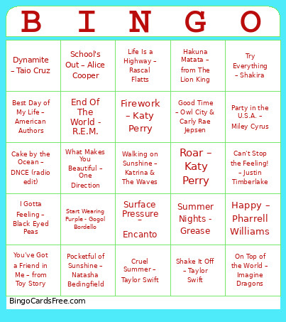 Schools Out! Bingo Card
