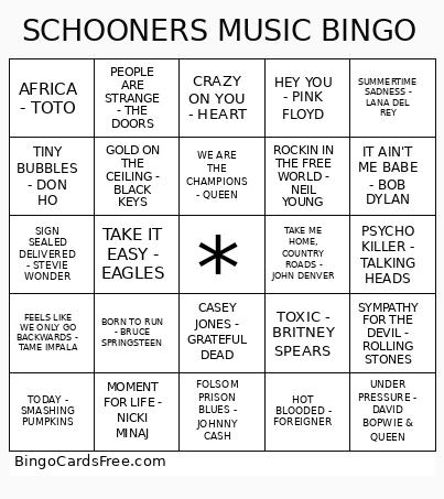 SCHOONERS MUSIC BINGO