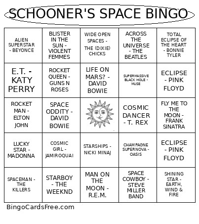 SCHOONER'S SPACE Bingo Card