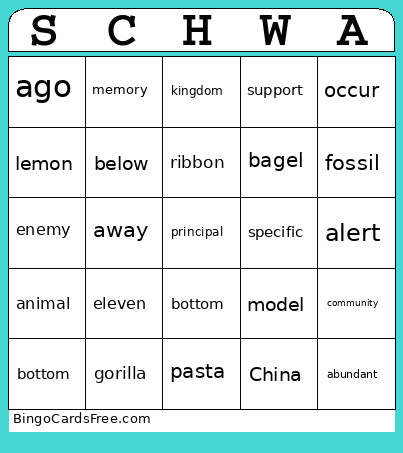 Schwa Bingo Card