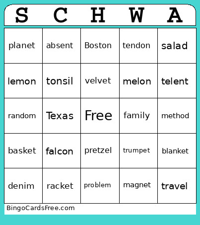 Schwa Bingo Card