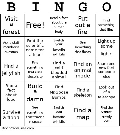 Science Center Bingo Card