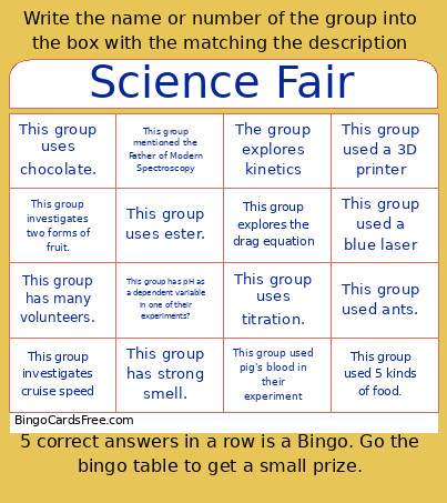 Science Fair Bingo Card