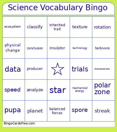 Science Vocabulary Bingo Card
