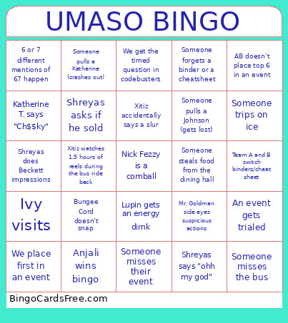 Scioly UMASS Bingo Card