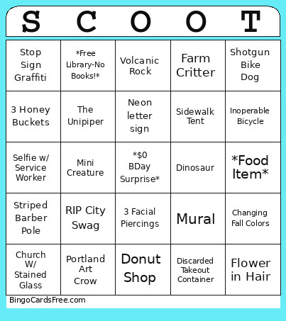 Scoot Scoot Scavenger Hunt Bingo Card