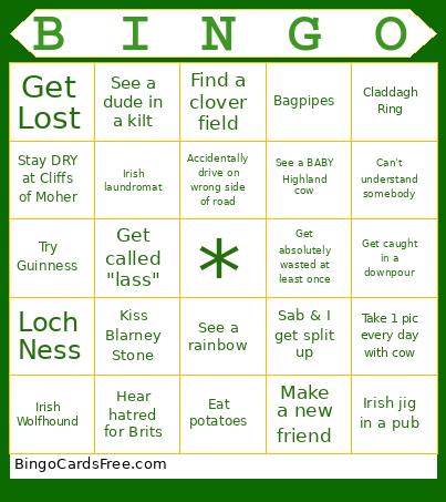 Scotland & Ireland Trip Bingo