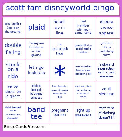 Scott Fam Disneyworld Bingo Card