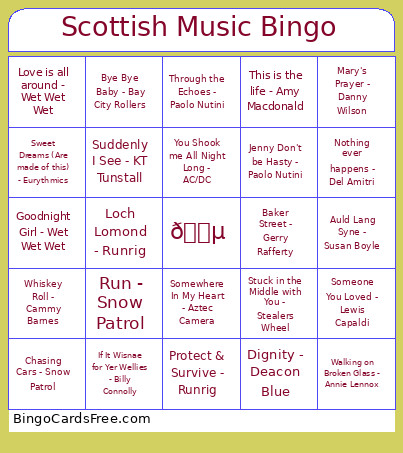 Scottish Music Bingo Card