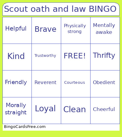 Scout Oath And Law Bingo Card