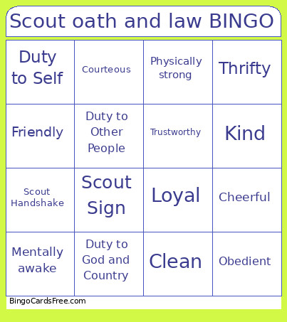 Scout Oath And Law Bingo Card