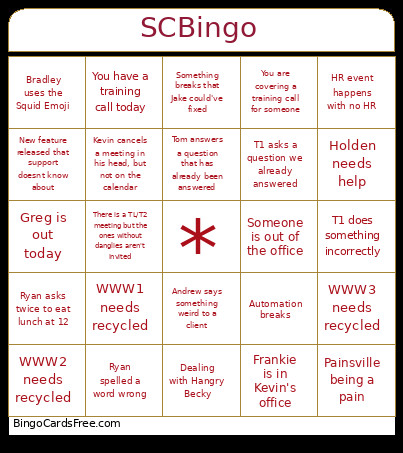 SCSS Support Bingo Card