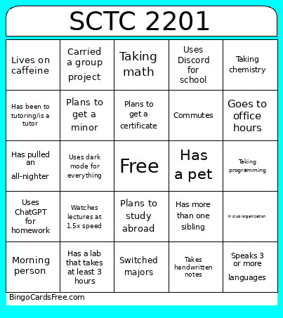 SCTC Test Bingo Card