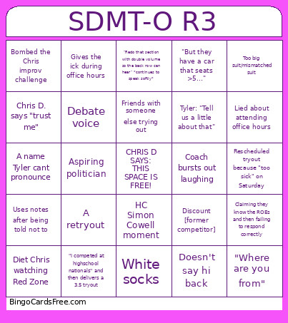 SDMT-O R3 Bingo Card