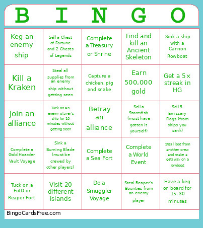 Sea Of Thieves Bingo Card