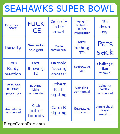 Seahawks Super Bowl Bingo Card