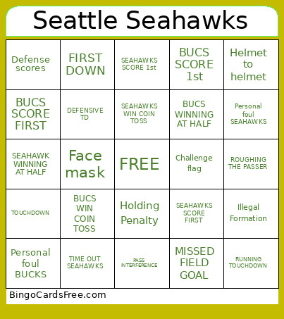 SEAHAWKS VS BUCS Bingo Card